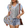 thumbnail image 5 of Plus SizeWomen's Floral Print V Neck Lace Trim Blouse, Casual Short Sleeve Summer Top, 5 of 5