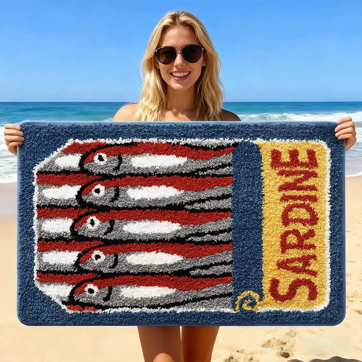 Canned Sardines Bath Mat, Full Can Design with Stacked Little Fish Non-Slip Rug Soft Absorbent Plush, Machine Washable Retro Ocean Decor for Bathroom Bedroom Entrance 20x31 Inch