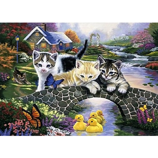 Pintura de diamante (DE5420) Gato en el puente Diamante de imitación Redondo completo 5D Kit de bricolaje Imagen 45x60cm FLhrweasw Nuevo