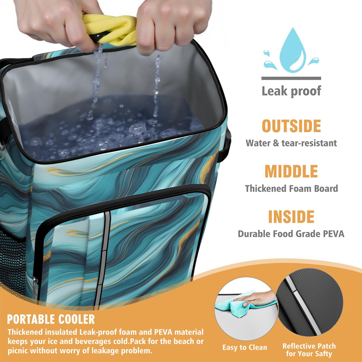 Travel Cooler Bag - Teal Gold Marble Camping Beer Cooler Backpack with Bottle Opener- Waterproof Insulated Picnic Backpacks - Cooler Bag for Beach
