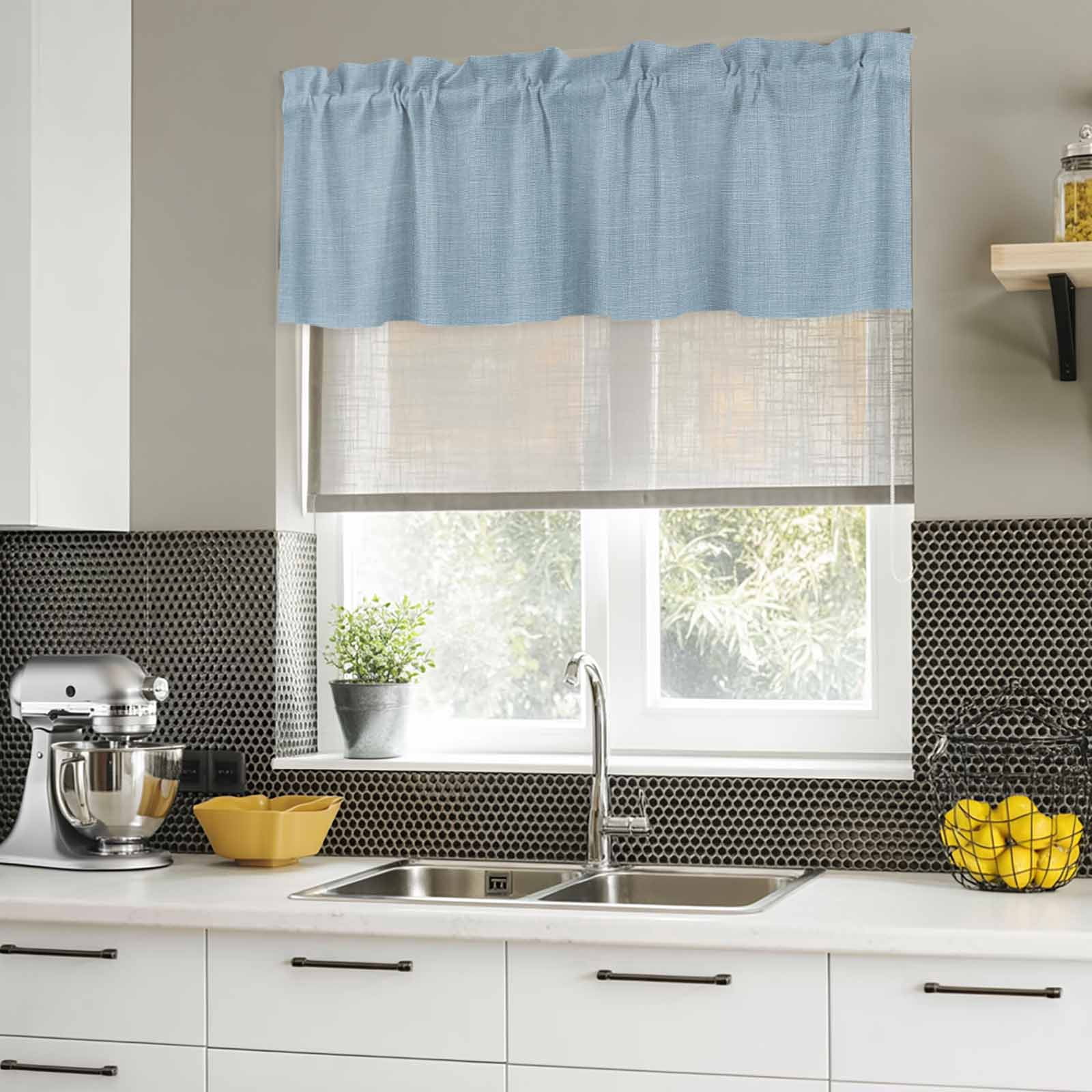 2 Pack Valances for Windows, Vintage Sky Blue Window Valances for Living Room/Bedroom/Bathroom, Farmhouse Retro Solid Color Linen Texture Light Filtering Kitchen Curtain Valance 42"W x18" L