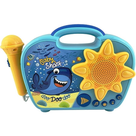 Baby Shark Sing Along Boombox with Microphone Built in Music Flashing Lights Real Working Mic Connects to MP3 Player Storage Compartment in Back for Audio
