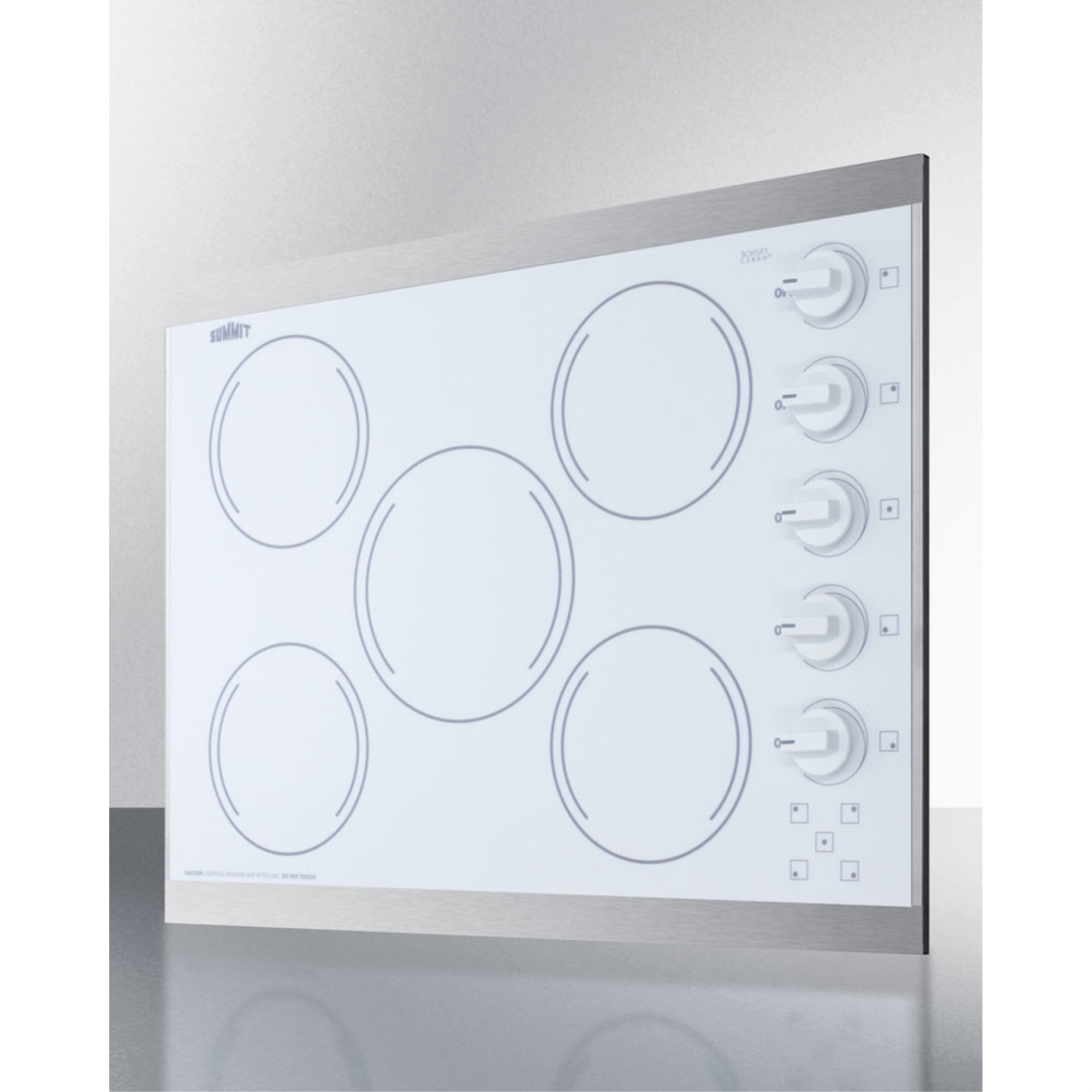 27" wide 5-burner radiant cooktop made in the USA in smooth white ceramic glass finish and oversized SS trim