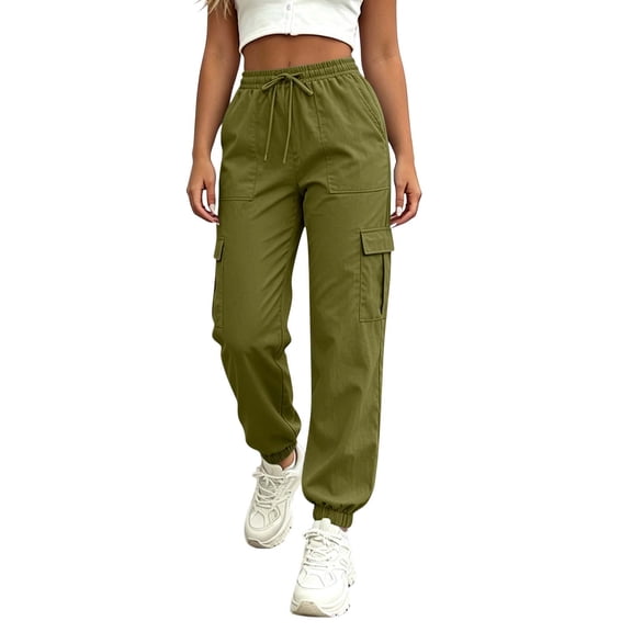 ZHYou No Boundarie Women's Cargo Pants with Flat Pockets Casual Cuffed Leg Drawstring Elastic Waist Jogger Pants with Pockets,Army Green,Size M