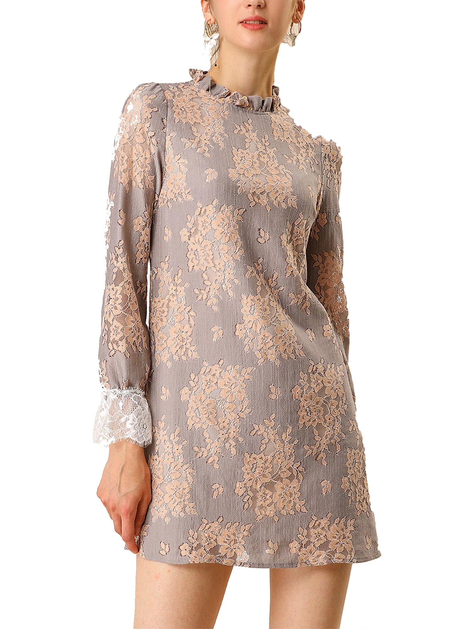 DARING DIVA Floral Ruffle Crew Neck Vintage Mini Lace Dress L Grey Pink