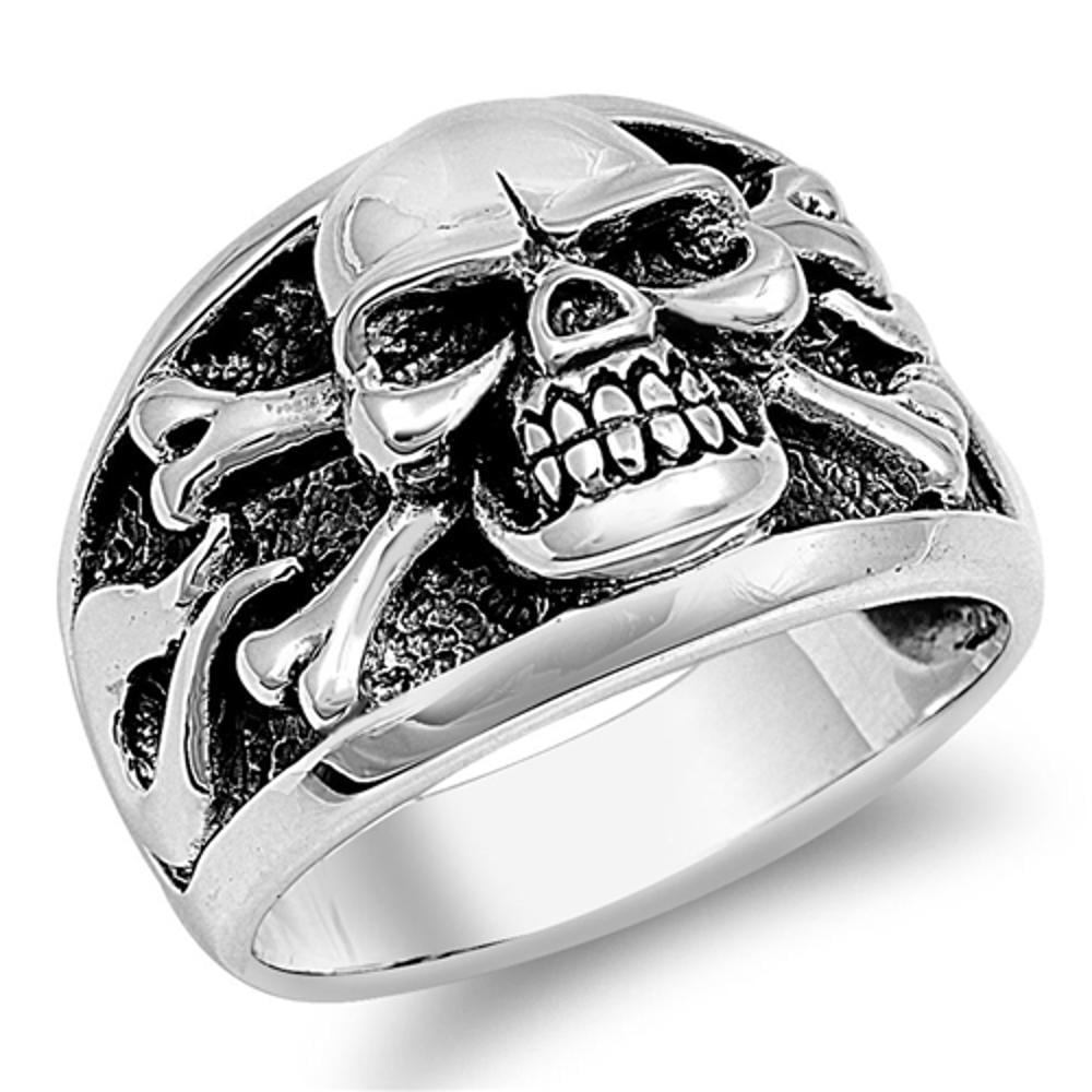 Tribal Skull Black Crystal Silver Stainless Steel Mens Ring 