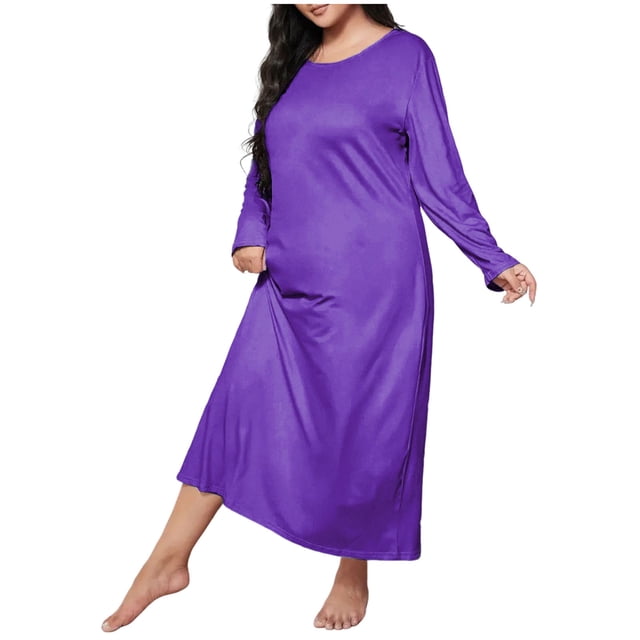 Oksale Grande Taille Chemise de Nuit Femme Ample à Manches Longues Robe de Pyjama Midi Décontractée Col Ras du Cou Couleur Unie Chemises de Nuit Légères Confortables Tenue de Nuit Violet 2TG
