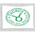 thumbnail image 1 of Zodiac Taurus Tapestry, Grunge Looking Graphic Rubber Stamp Design Vintage Stars and Sign, Wall Hanging for Bedroom Living Room Dorm Decor, 80W X 60L Inches, Fern Green and White, by Ambesonne, 1 of 2