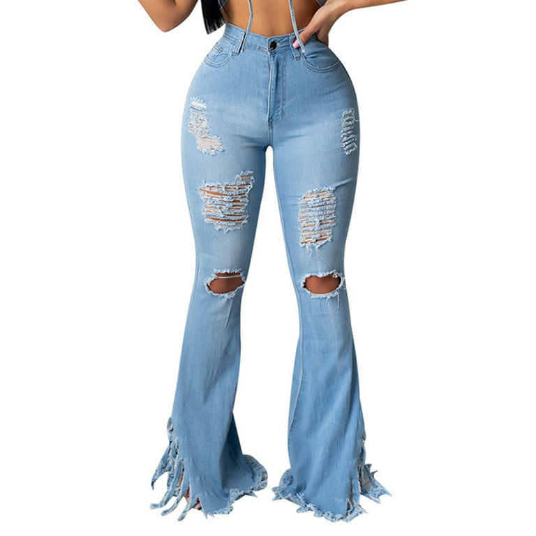 Ma&Baby Flare Jeans for Women Elastic Waist Classic Ripped Flared Jeans  Ecru Destroyed Hem Denim Pants 