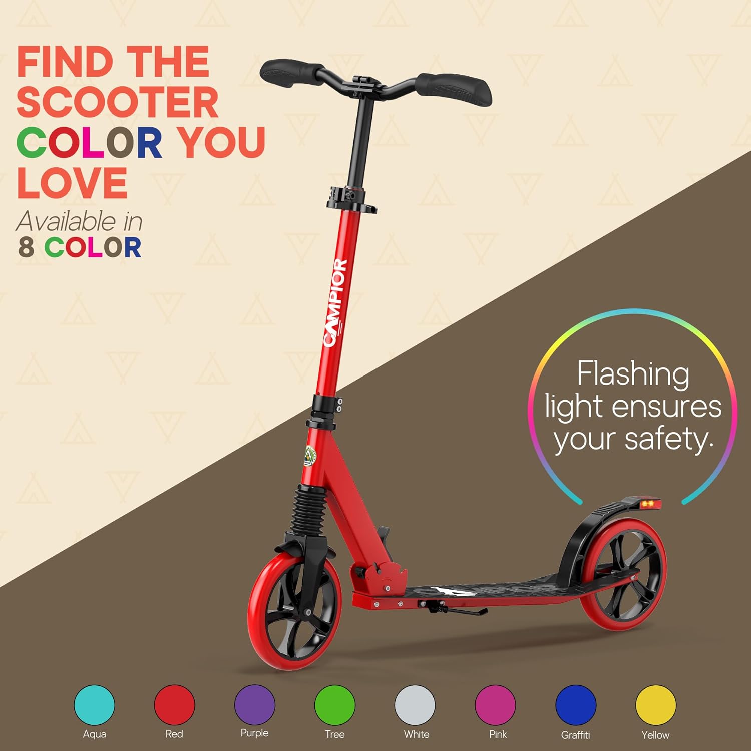 Campior Foldable Kick Scooter for Ages 6+, Kids/Teens/Adults, 240 lb Max Load, 8-inch Wheels, 3 Height Levels, Kickstand, Safety Approved, Red