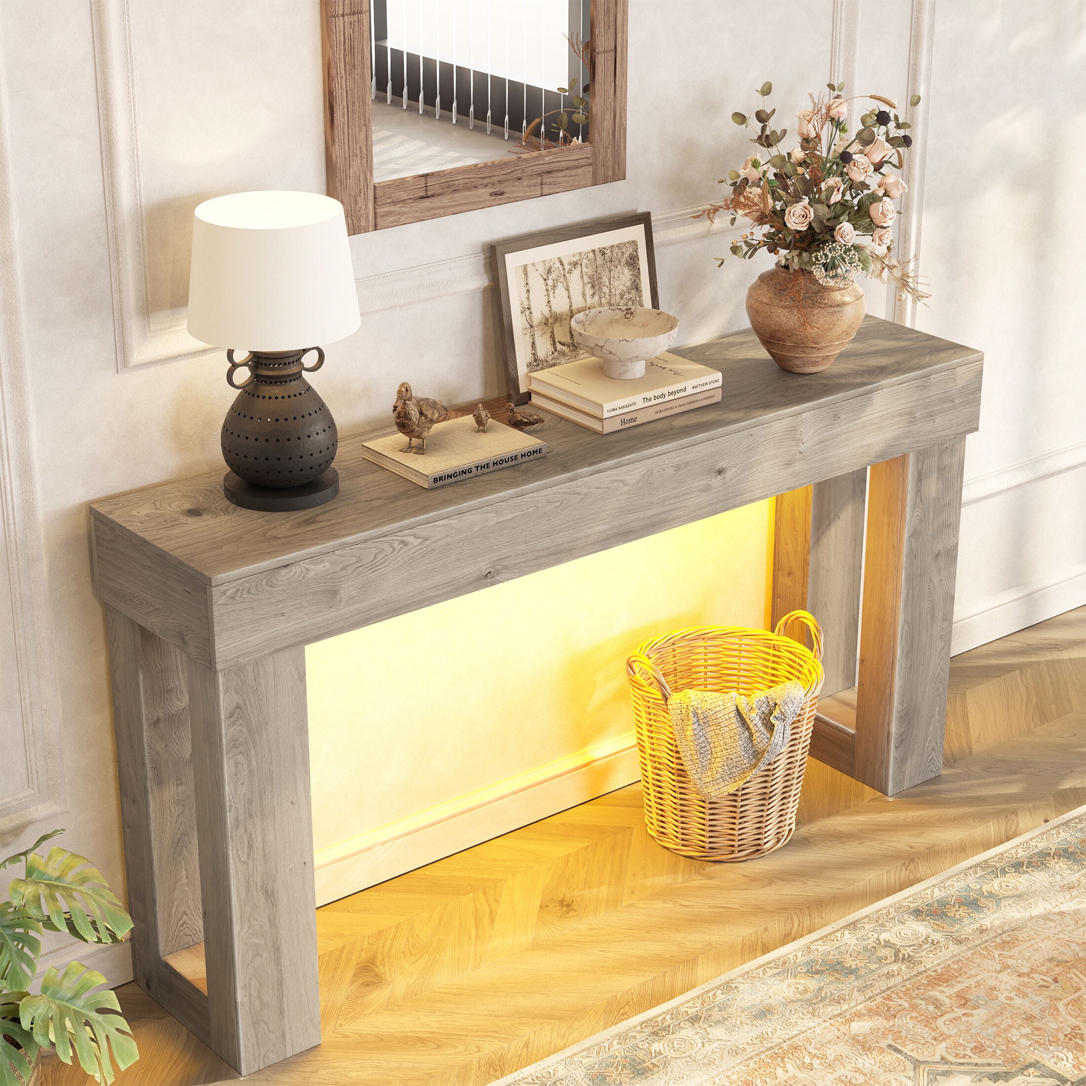Techmilly 63" Modern Console Table with LED Light Strip,Gray Finish Narrow Entryway Sofa Table for Living Room Hallway