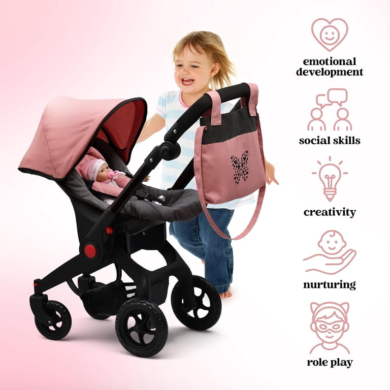 Baby Doll Convertible Travel Stroller for Girls | 2-in-1 Foldable Doll Car Seat & Carriage with Diaper Bag | Pretend Play Toddler Toy, Gray