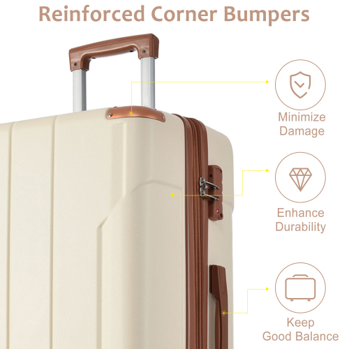 24 Inch Checked Luggage, Hardshell Suitcase Lightweight & Expandable, Durable ABS with 4 Double Spinner Wheels for Men and Women (White Brown)
