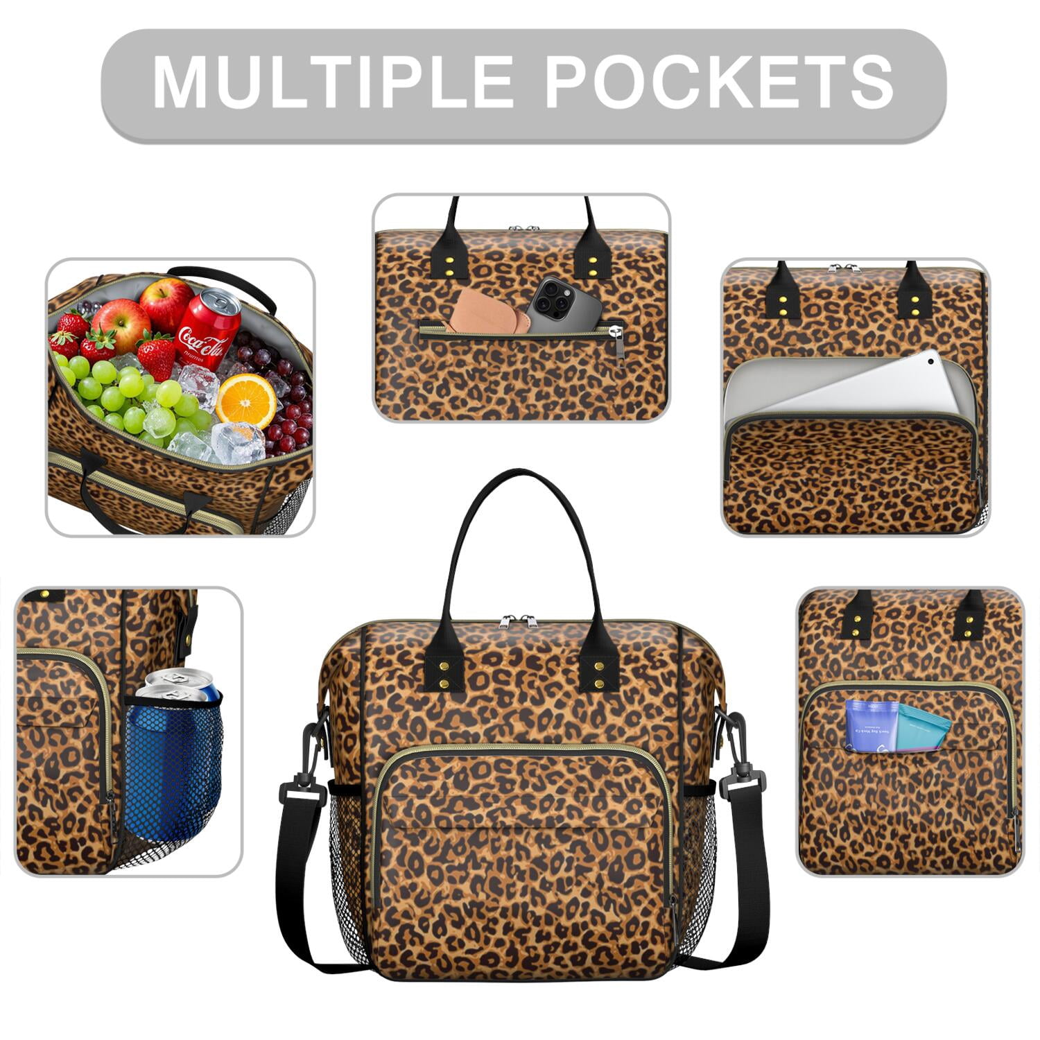 Brown and Black Leopard Print Womens Lunch Box for Work,Insulated Large Lunch Bag for Tween and Teen,Loncheras Para Mujer,Leakproof Adult Lunch Bag for Work,Beach,Travel,Picnic,Camping