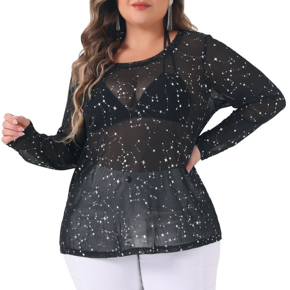 DARING DIVA Women's Plus See Through Mesh Long Sleeve Crew Neck Party Blouse 1X Black