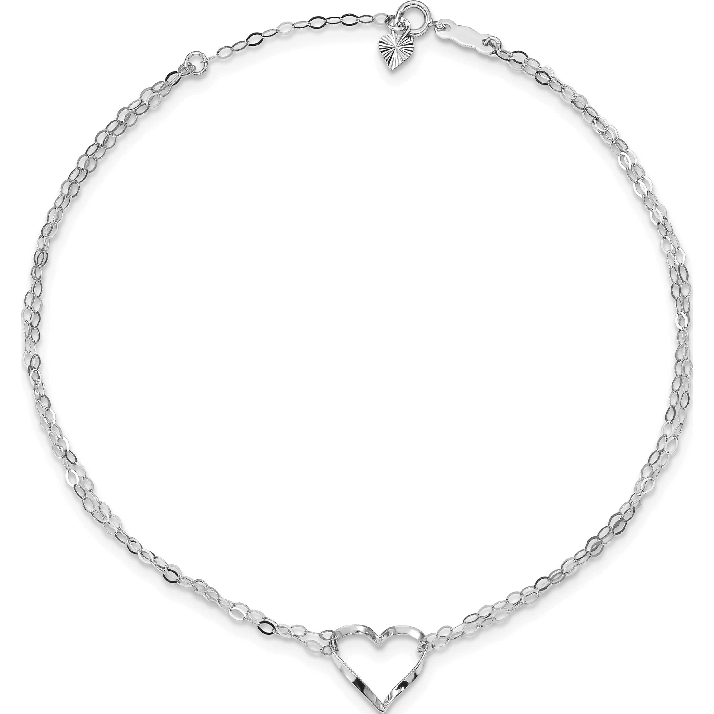 14K White Gold Double Strand Heart 9In Plus 1In Ext. Anklet Made In Indonesia ank174-9
