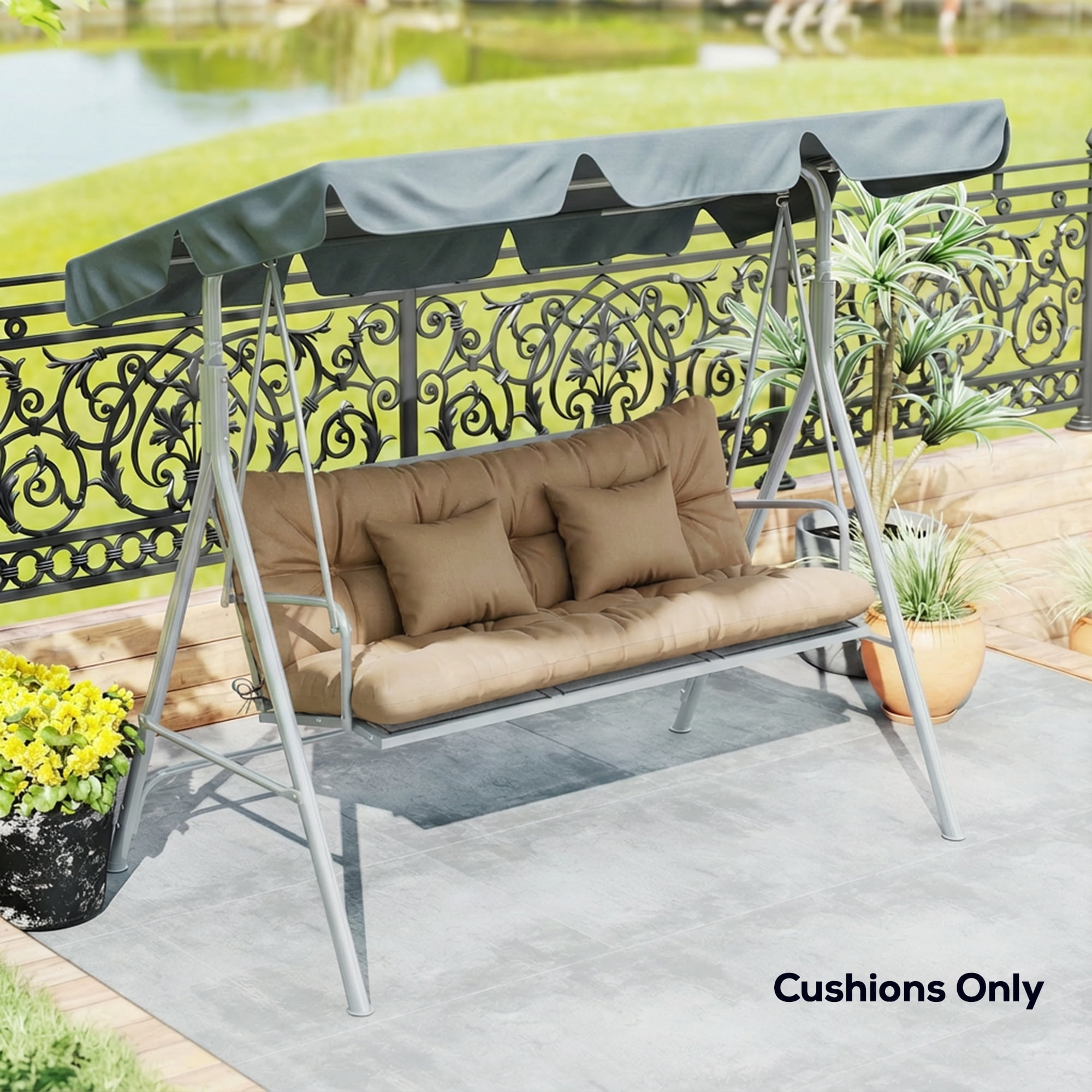 Outsunny Outdoor 1 Seat Cushion, 1 Back Cushion and 2 Pillows, for Patio Garden Furniture Seat Replacement, khaki