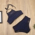 thumbnail image 3 of WREESH Womens Two Piece Swimsuit Halter Lace Lingerie Set High Waisted Bikini Bicolor Fashion Casual Waist Slim Hollow Out Solid Color Bikinis Sets Beach Bathing Suit Blue, 3 of 7
