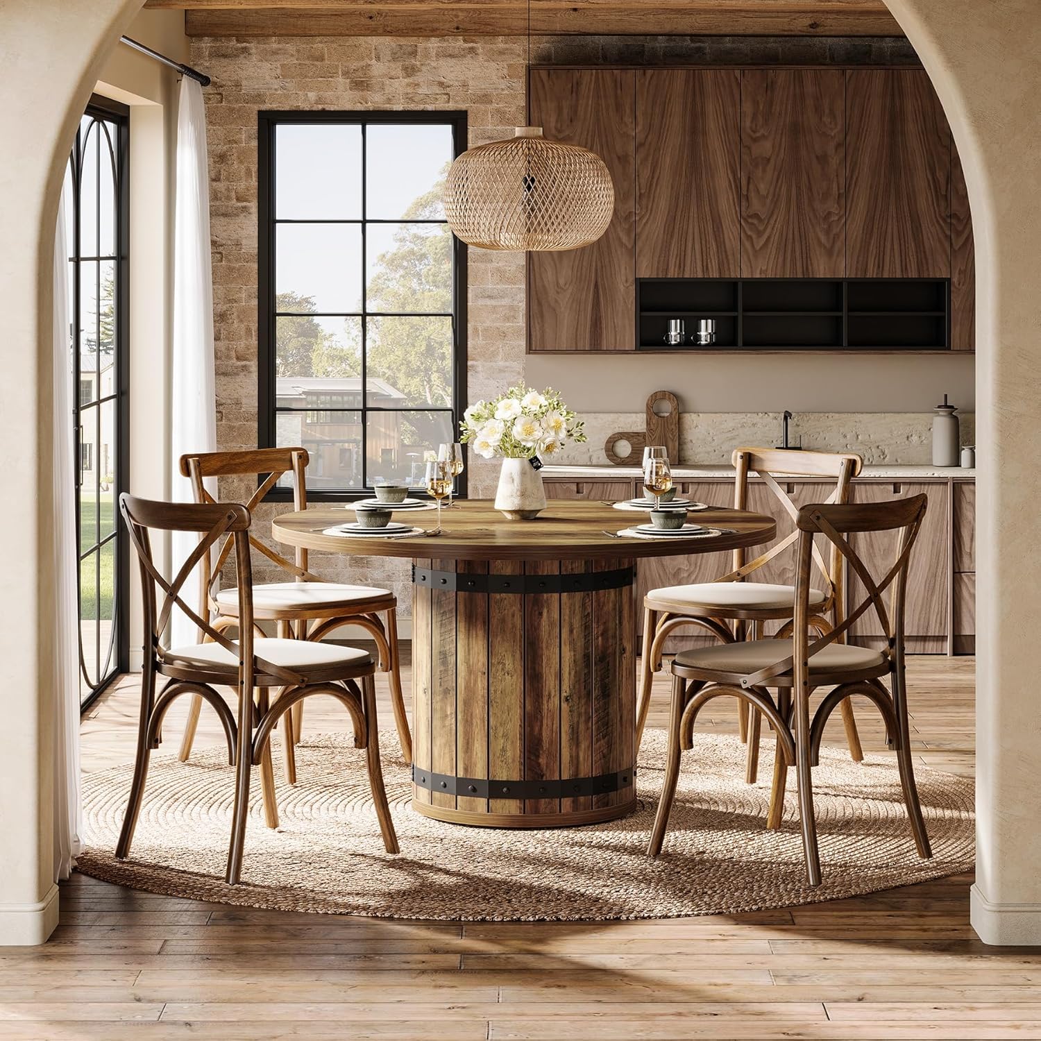 Tribesigns 39.37-Inch Round Dining Table, Farmhouse Dining Table with Fence Pedestal Base for Kitchen Room, Living Room (Only Table)