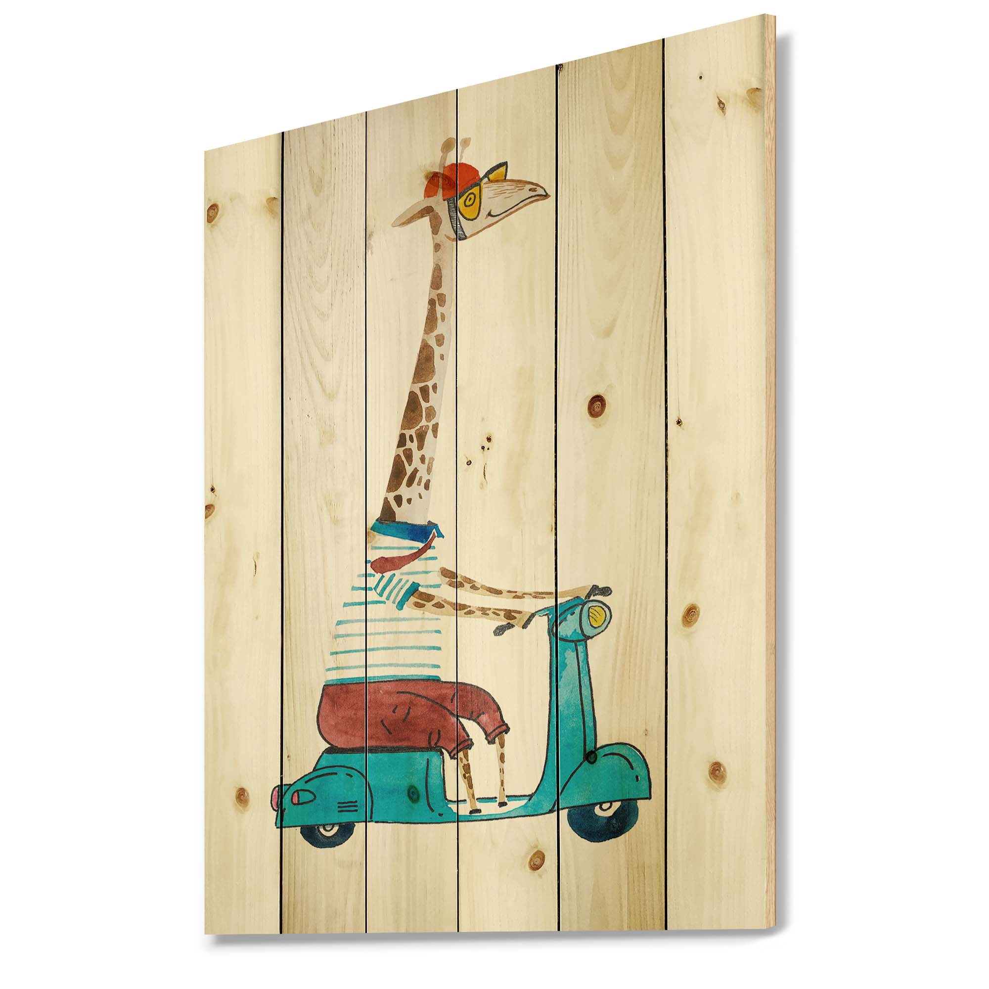 Designart 'Giraffe Dressed Up Wearing Helmet & Riding Blue Scooter' Children's Art Print on Natural Pine Wood