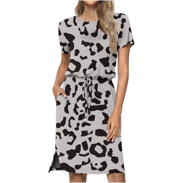 Robe à Manches Courtes pour Femmes Robe Décontractée Imprimée à Manches Courtes Col Rond avec Poches et Lacets