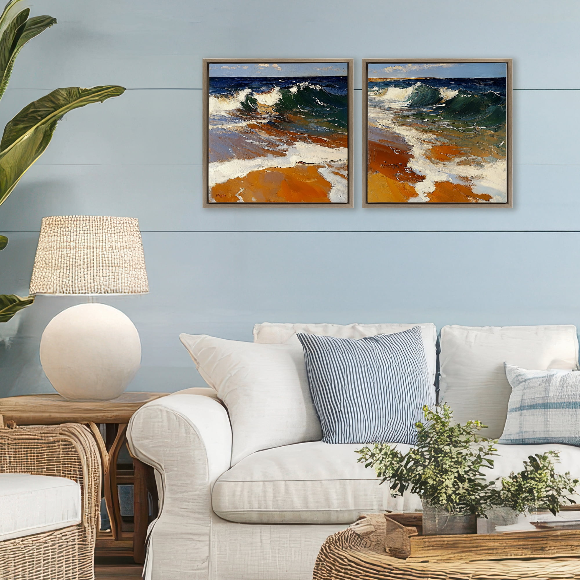 Stupell Industries Glassy Coastal Break 2 Piece Brown Framed Floater Canvas Set, design by Walker Noble
