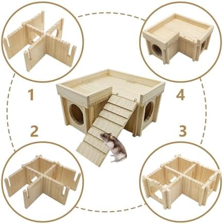 Wooden Hamster Hideout Hamster Wood House with Ladder Hides Platform Decor Detachable Small Animals Cage Accessories for Rat Gerbils and Other Small Pets
