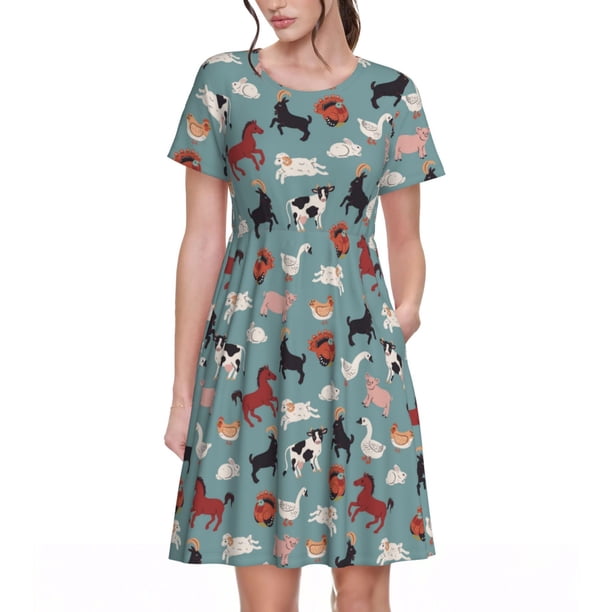 Balery Farm Animals 1 Vestidos sueltos de manga corta para mujer, vestidos de verano 2025, vestidos casuales de corte A con vuelo.