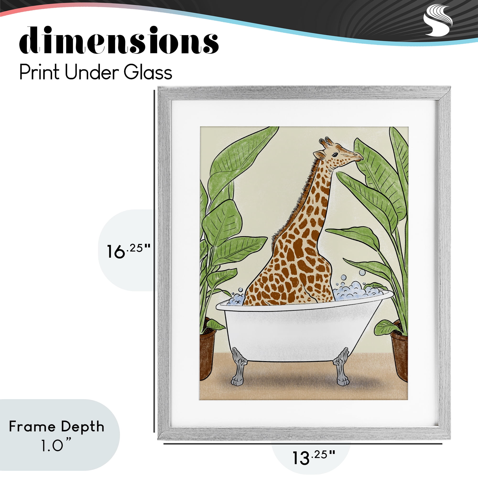 Stupell Industries Bathing Giraffe & Plants Gray Framed Print Under Glass, design by Marcus Prime
