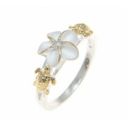 Sterling silver 925 Hawaiian plumeria flower cz turtle ring 2 tone yellow gold plated size 7