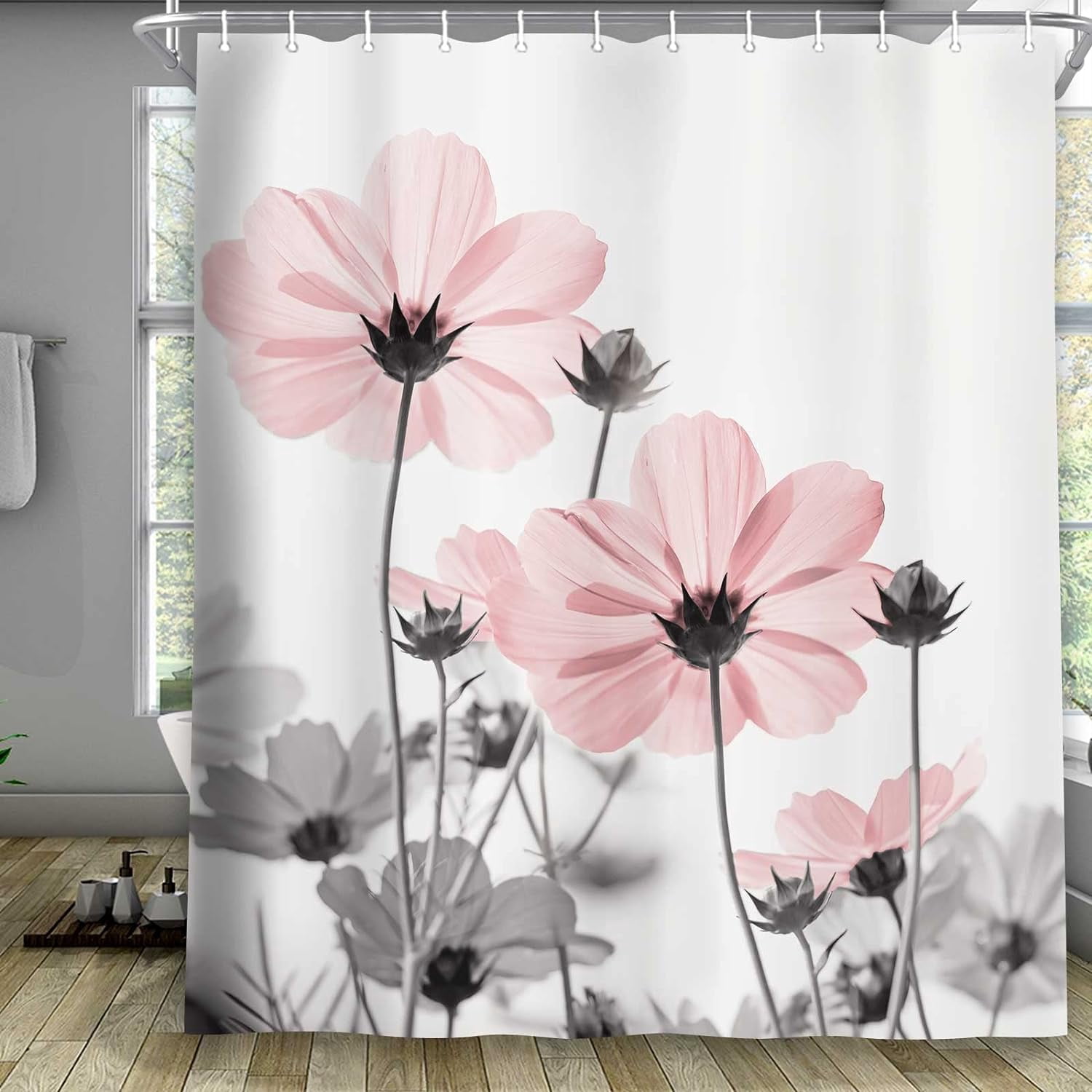 Unique Floral Pink Shower Curtain for Bathroom Decor, Pink and Grey Daisy Flower Elegant Wildflower Design Farmhouse Shower Curtains with Hooks Set, 72X72in