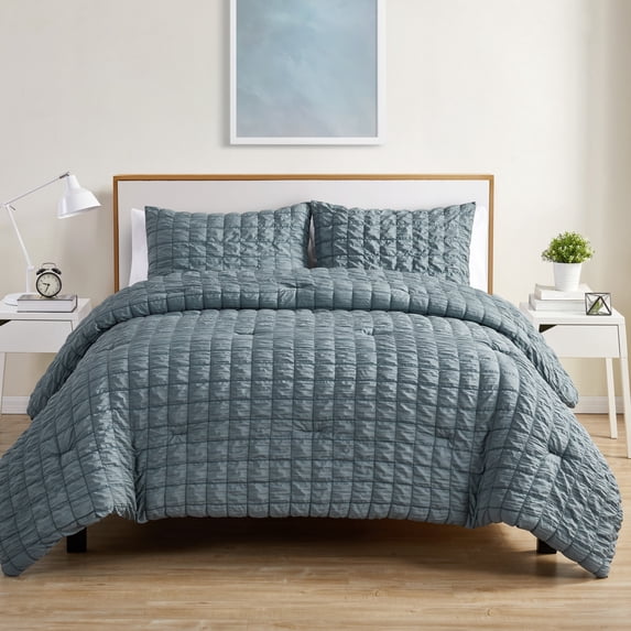 Blue Polyester Pleat Comforter Set, King, VCNY Home Amelia Seersucker