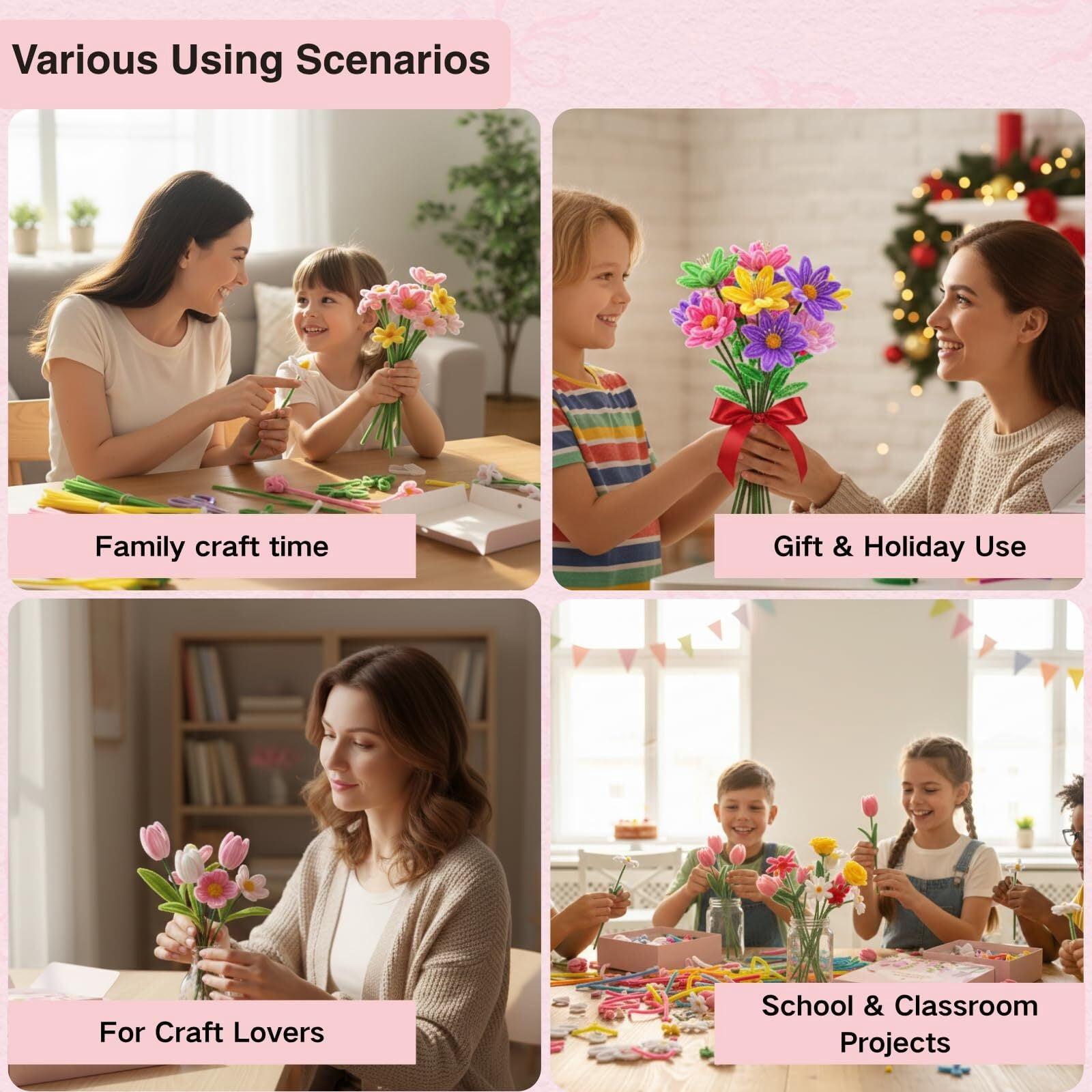500Piece Pipe Cleaners Flowers Kit, Chenille Stems for DIY Flower Making, Crafts and Art Projects, Creative Holiday Decoration Supplies