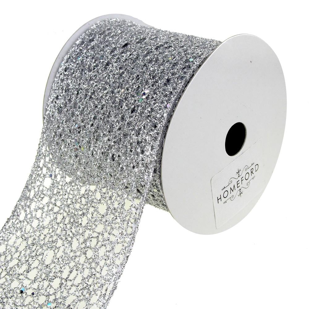 Open Weave Metallic Glitter Tinsel Mesh Christmas Ribbon, Silver, 4