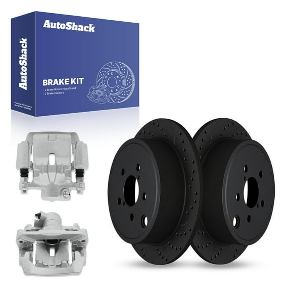 AutoShack 11.24" (285.6 mm) Rear Solid Drilled & Slotted Brake Rotors E-Coated   Calipers | Replacement for 2008-2014 Subaru Impreza 2013-2014 Subaru WRX | Black Finish | 4-PC Brake Kit | NightGuard