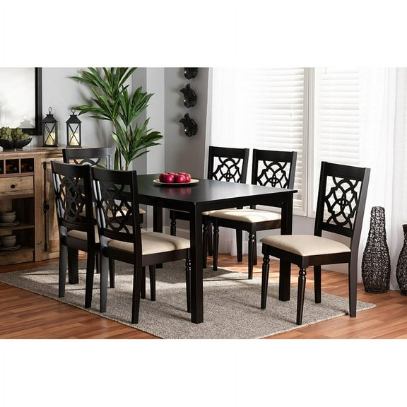 Baxton Studio Renaud Modern and Contemporary Sand Fabric Upholstered and Dark Brown Finished Wood 7-Piece Dining Set