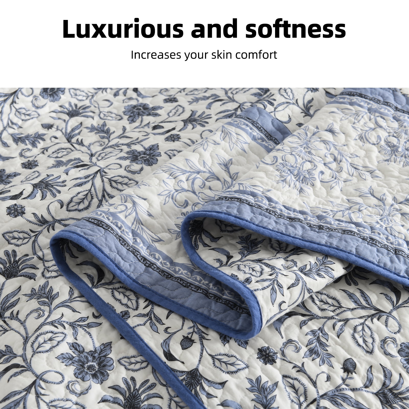 PANGUSHAN 100% Cotton Queen Quilt Set, Floral Queen Size Quilt Bedding Set Bedspreads, Reversible Botanical Patterns Quilted Lightweight Comforter, Blue/White/Gray Bed Spread for Queen Bed