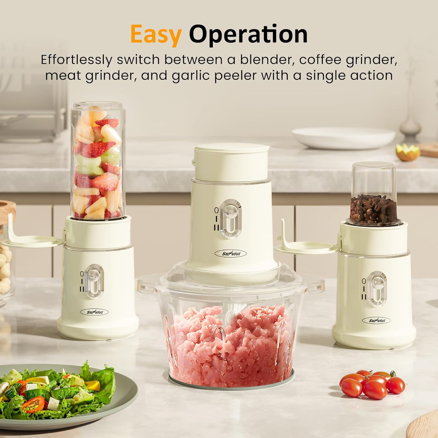 4-in-1 Electric Food Chopper & Small Processor with Glass Bowl