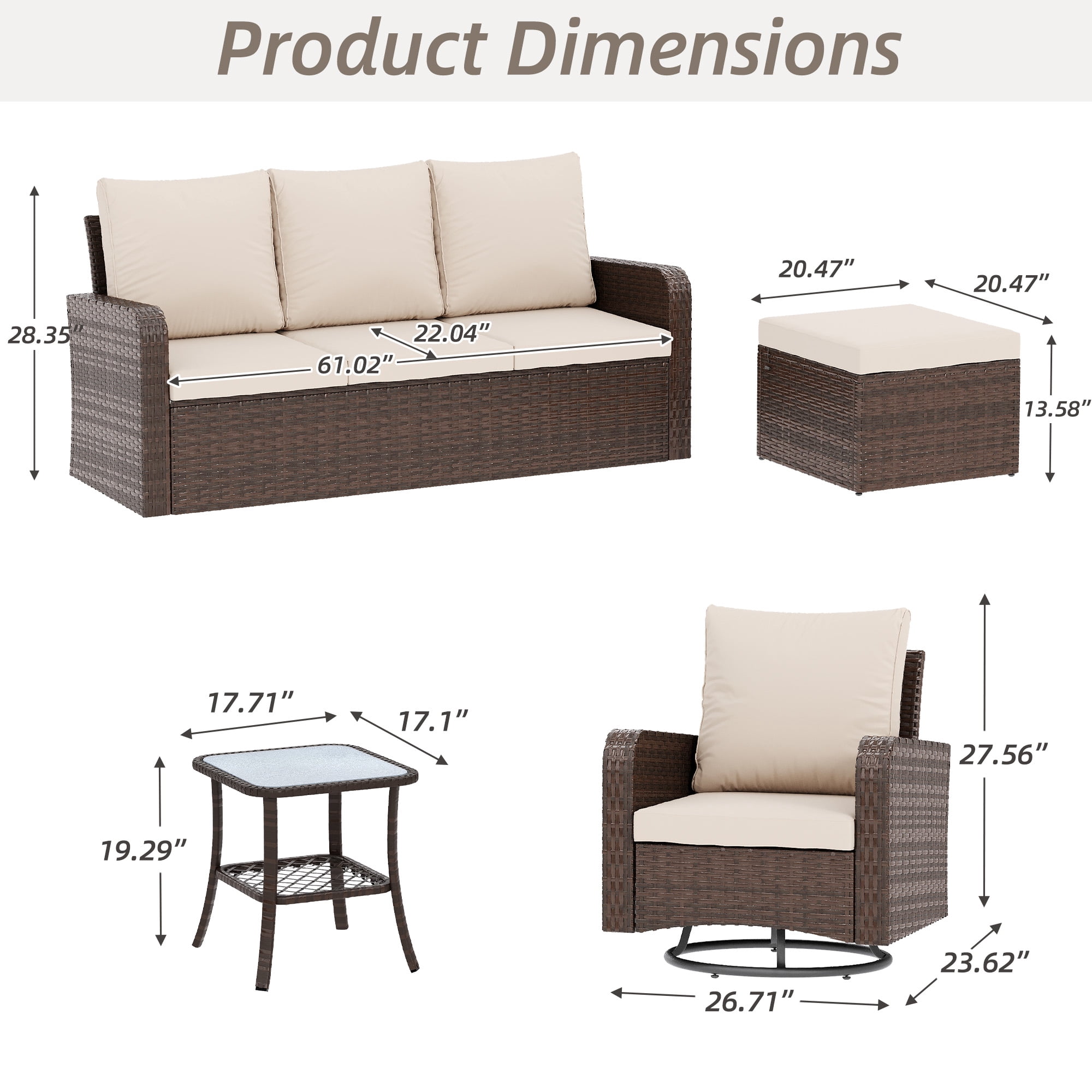 Homrest 6 Piece Patio Conversation Sets with Sofa Couch, Rattan Wicker Swivel Chairs with 2 Ottoman, Coffee Table & Cushions, Outdoor Furniture Sets for Garden, Poolside, Backyard (Khaki)