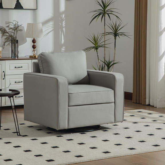 Leumius Swivel Armchair with Hidden Storage,33.6''W Upholstered 360° Accent Chairs with Pillow,Square Club Chair Single Sofa for Living Room,Gray