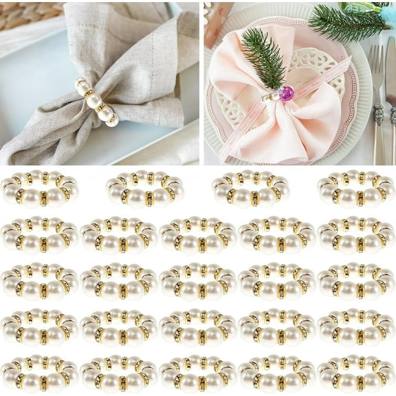 24Pcs Pearl Napkin Rings, Elegant Pearl Beaded Napkin Holder 4cm Stretched Rhinestone Serviette Rings Decorative Beaded Napkins Rings for Birthday Thanksgiving Table Dinner Party Supplies-white