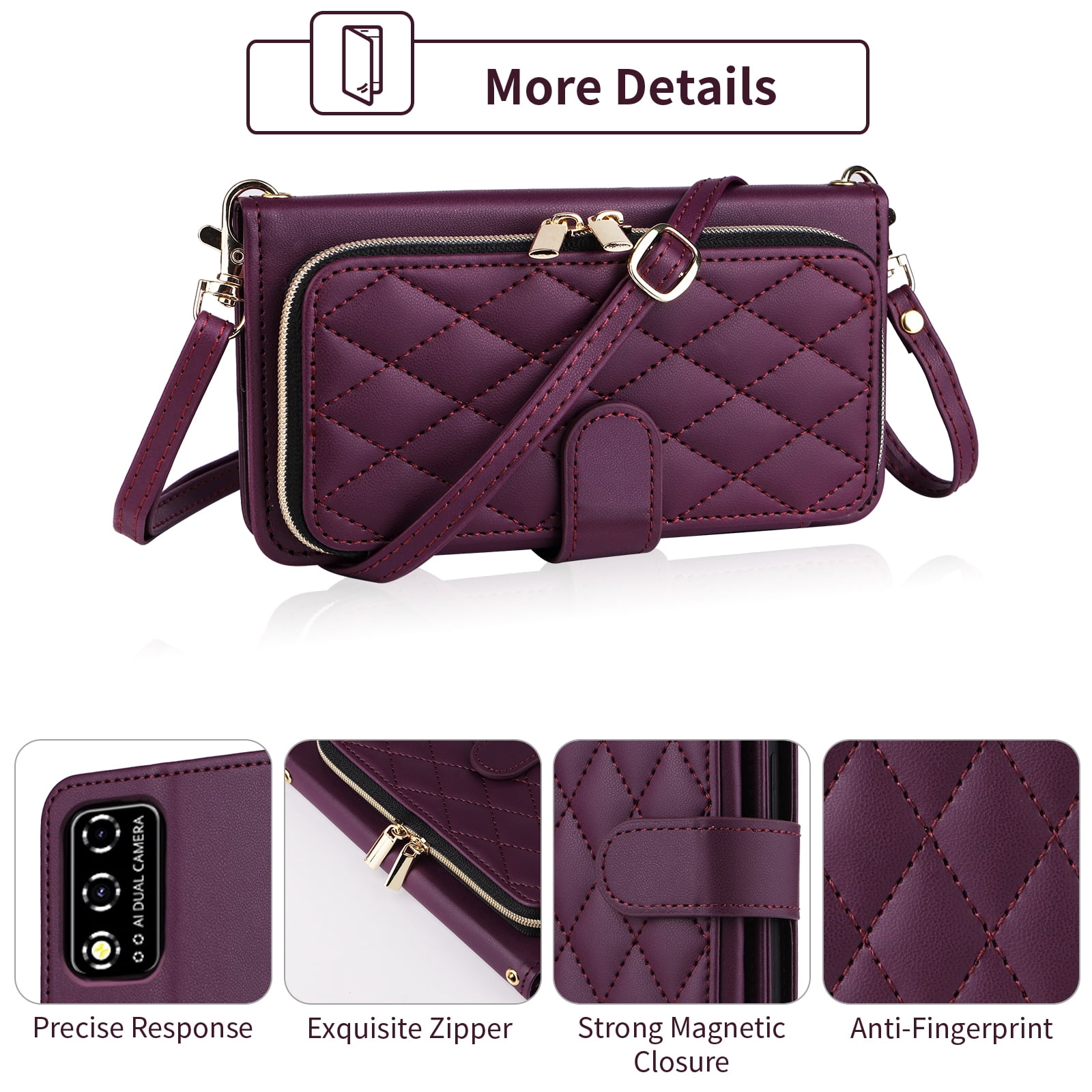 Furiet Argyle Wallet Case for T-Mobile Revvl V 4G with Wrist/Shoulder Strap, Card Slots Flip Zipper Purse Stand Cell Phone Cover for Tmobile T Mobile TMRVL4G LTE 2021 6.52" Women Girls Deep Purple