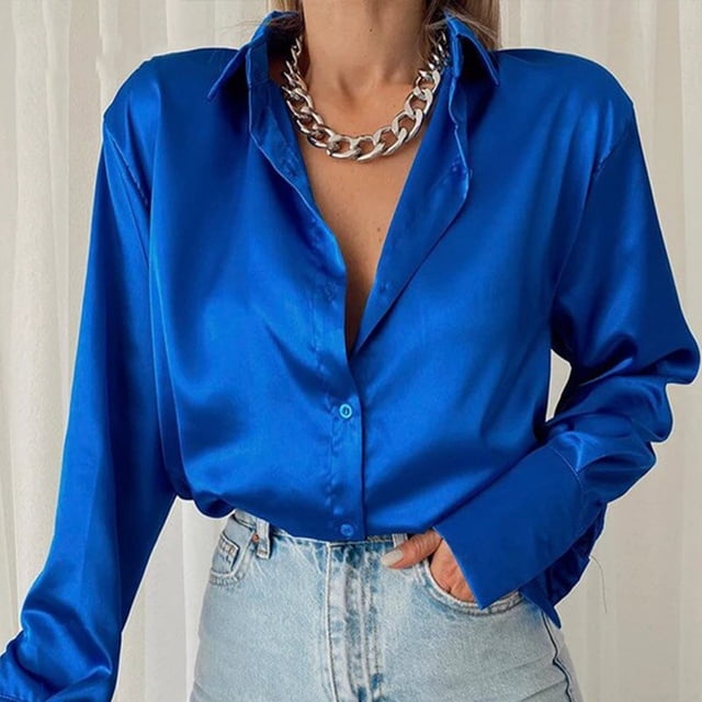 Mujeres 2022 elegante satén sólido blusas de manga larga mujer Chic Vintage azul verde Casual suelta ajuste botones abajo camisas Tops Tan Jianjun unisex
