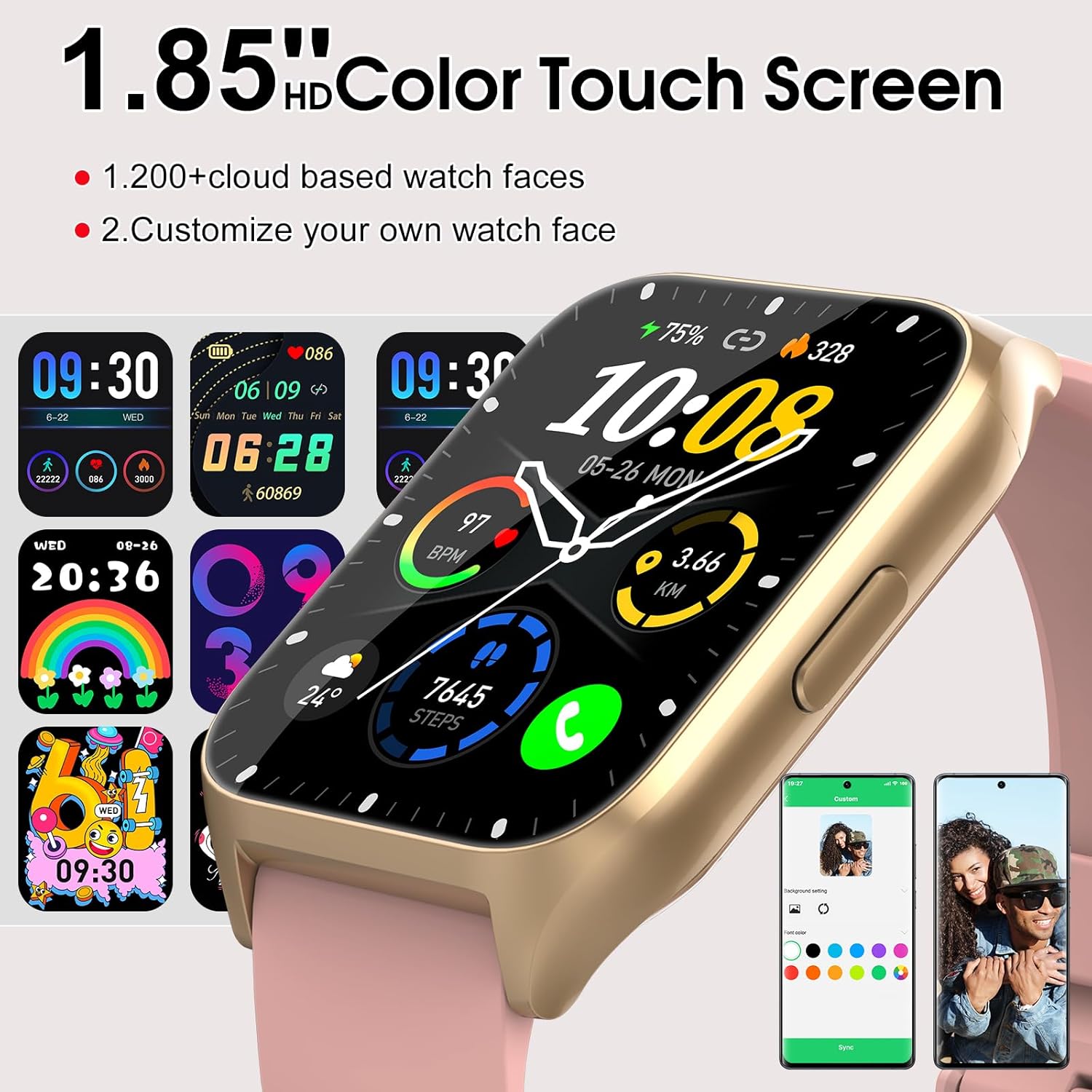 UYWGF-Smart Watch for Men Women (Answer/Make Calls), 1.85" HD Fitness Watch with Heart Rate and Sleep Monitor, 110+ Sports Modes Smartwatch, IP68 Waterproof Activity Tracker for iOS/Android, Pink