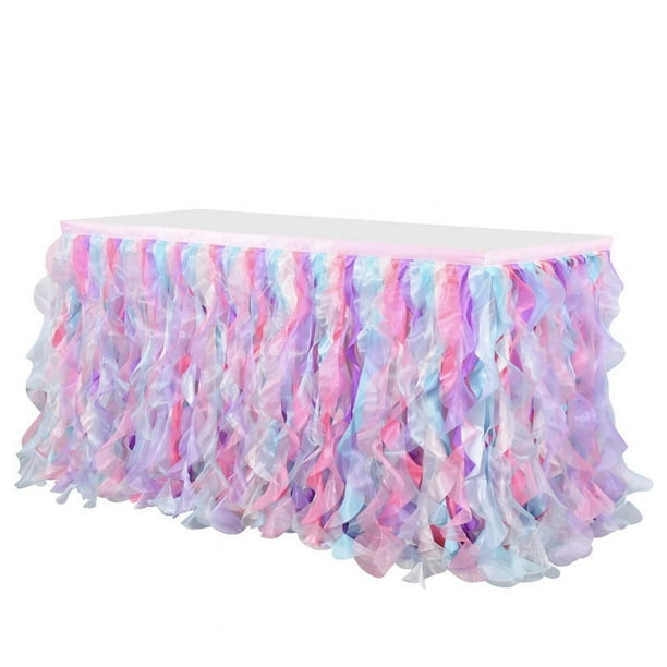Falda de mesa de sauce rizado con unicornio arcoíris para baby shower, fiesta de cumpleaños, mantel esponjoso de doble capa para rectángulo (9 pies)
