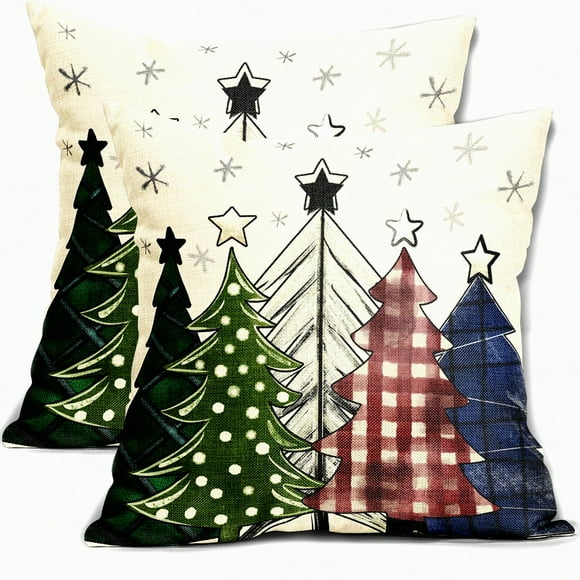 Housses de Coussin Arbre des Merveilles d'Hiver - Ensemble de 2 18x18 Pouces Rouge Vert Bleu Carreaux de Noël Rustiques Décoratifs pour Canapé-Lit de Ferme Décoration Extérieure