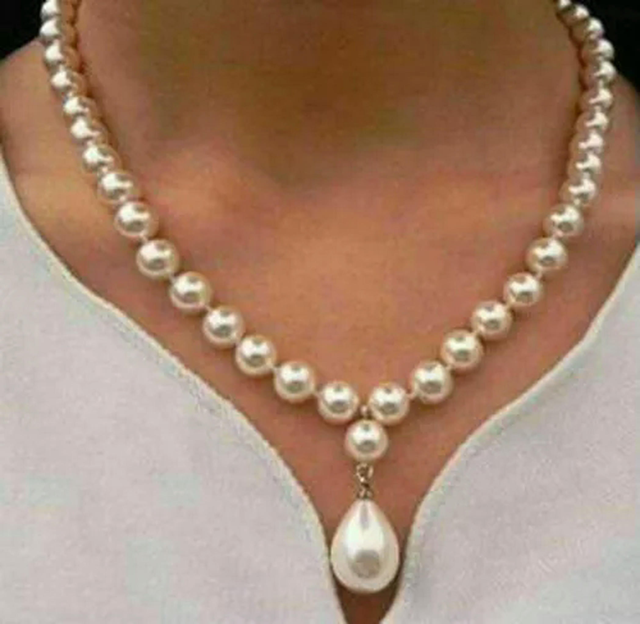 18" Genuine South Sea White Shell Pearl Necklace – 8/10/12mm Round Beads, Silver Plated