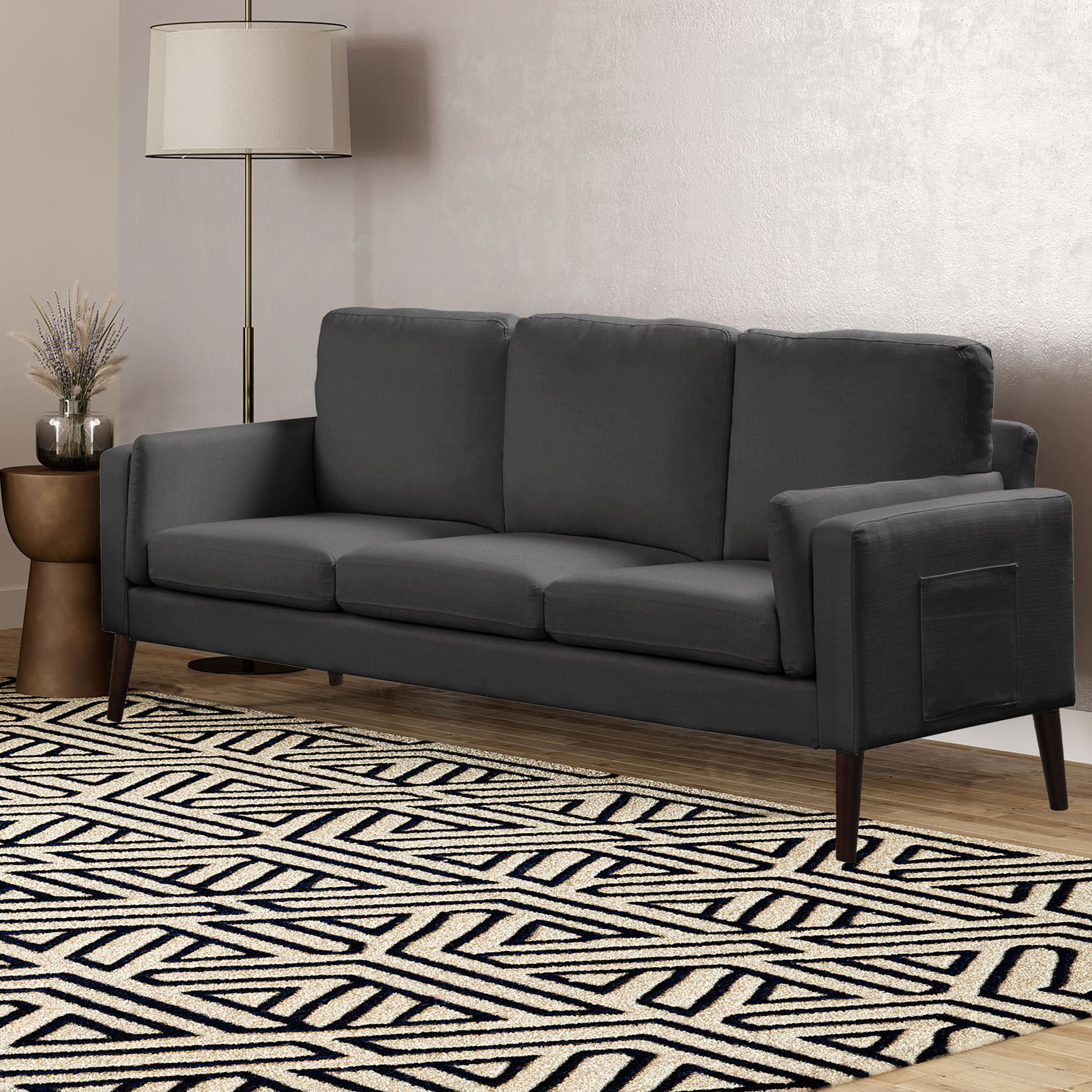 Elm & Oak Nathaniel Modern Sofa with Side Pocket and USB Power, Black Fabric Upholstery - image 2 of 10