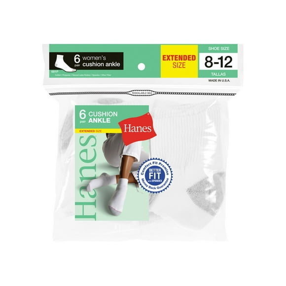 Hanes Women`s Cushion Ankle Socks - Extended Shoe Size, 10-12, White