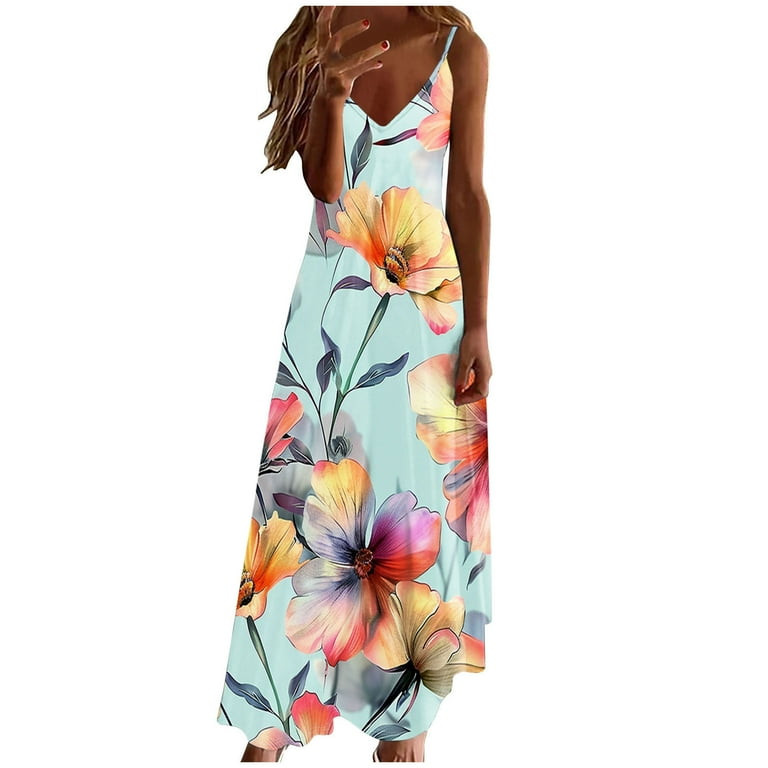Ayolanni Vacation Evening Dresses for Women Blue V-Neck Floral Print Sleeveless Maxi Dresses Dresses for Girls M